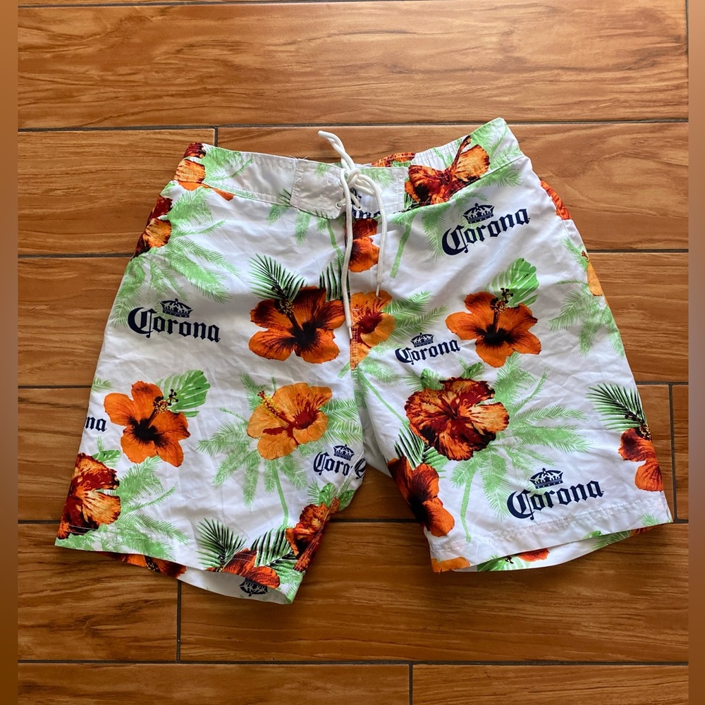Corona Beer Mesh Lined Swimming Trunks All Over Print Hawaiian Shorts Size M #A5